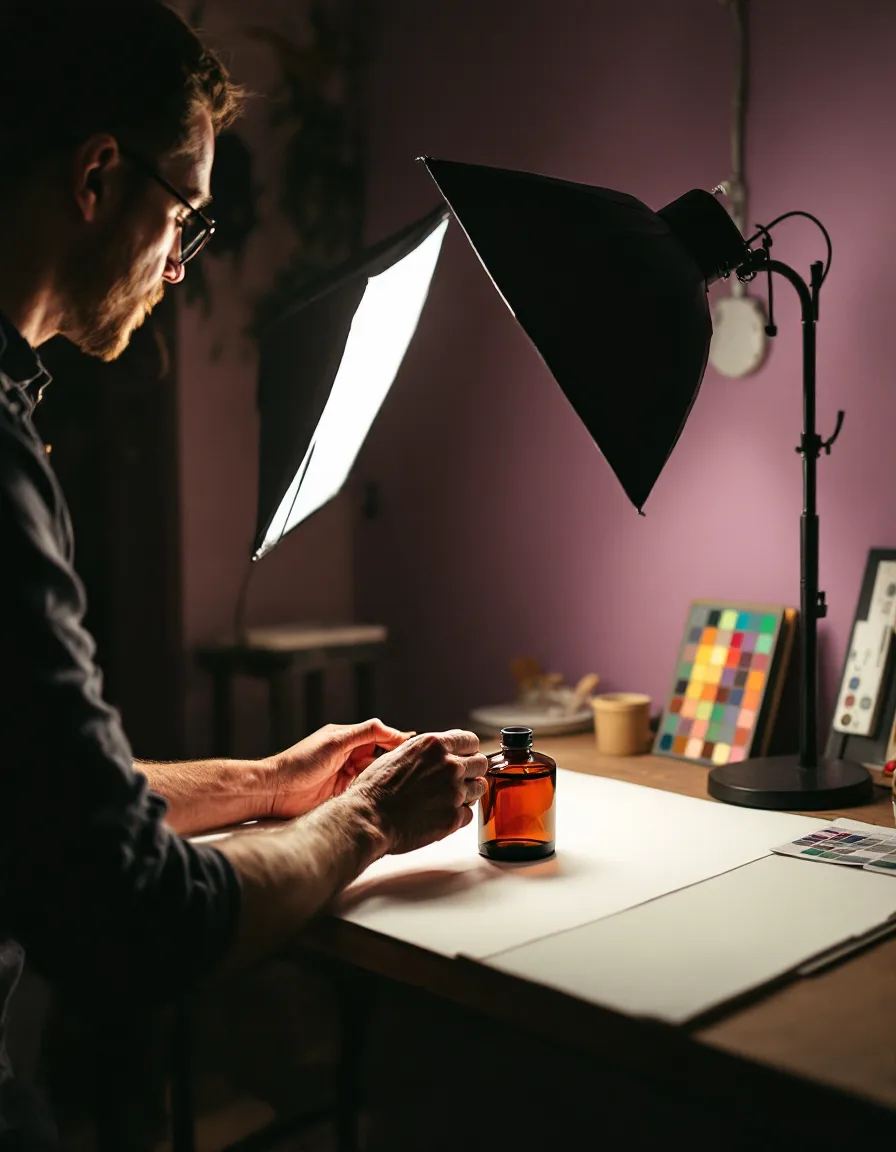 Hands adjusting a softbox over a product on a white paper sweep in the Lumeva studio