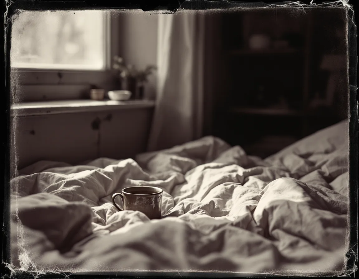 A mug photographed badly on a bedsheet near a window