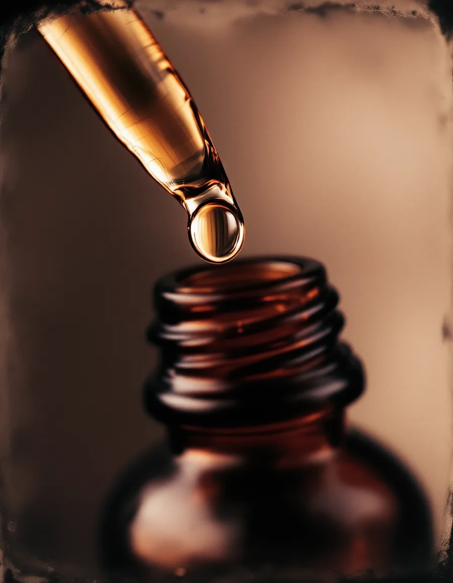 Macro detail of a serum dropper bottle, tintype style