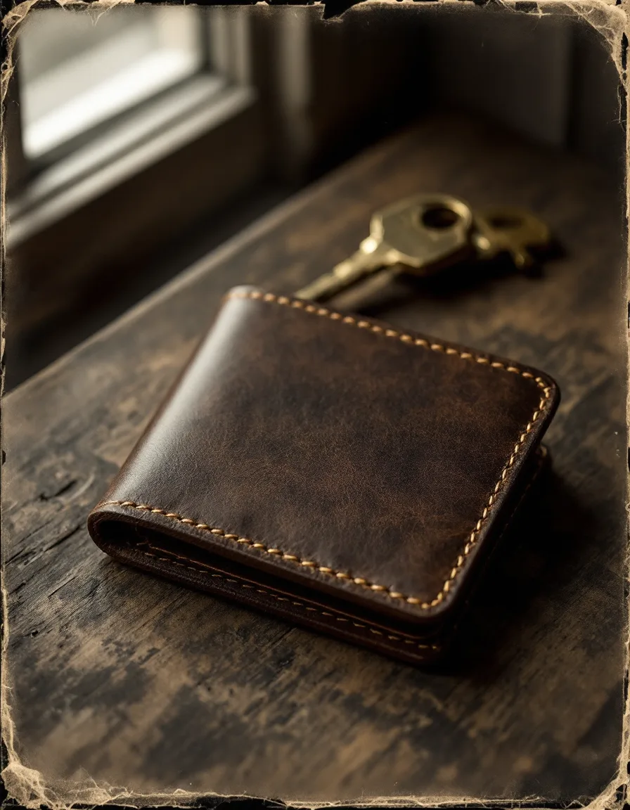 Leather billfold lifestyle frame with visible stitching, tintype style