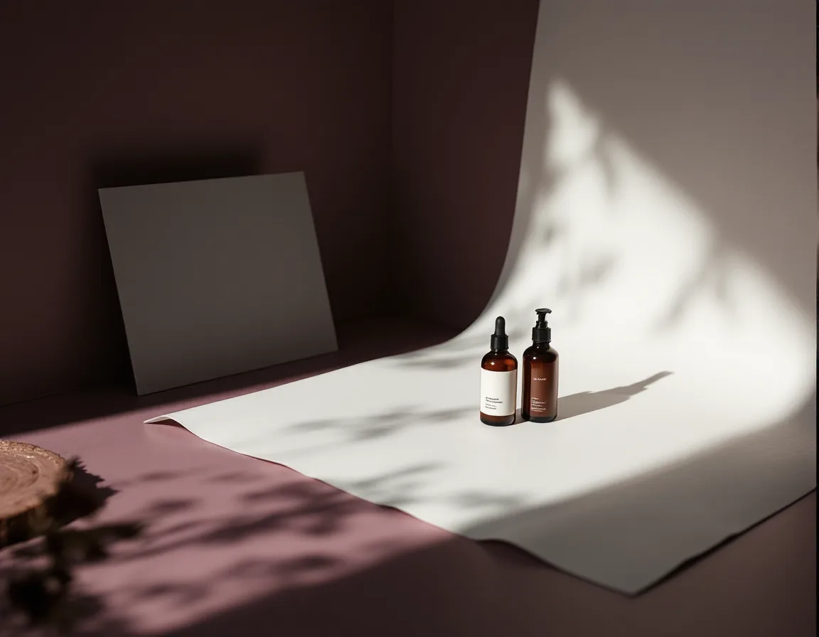 Skincare bottles on a white paper sweep lit by a single softbox